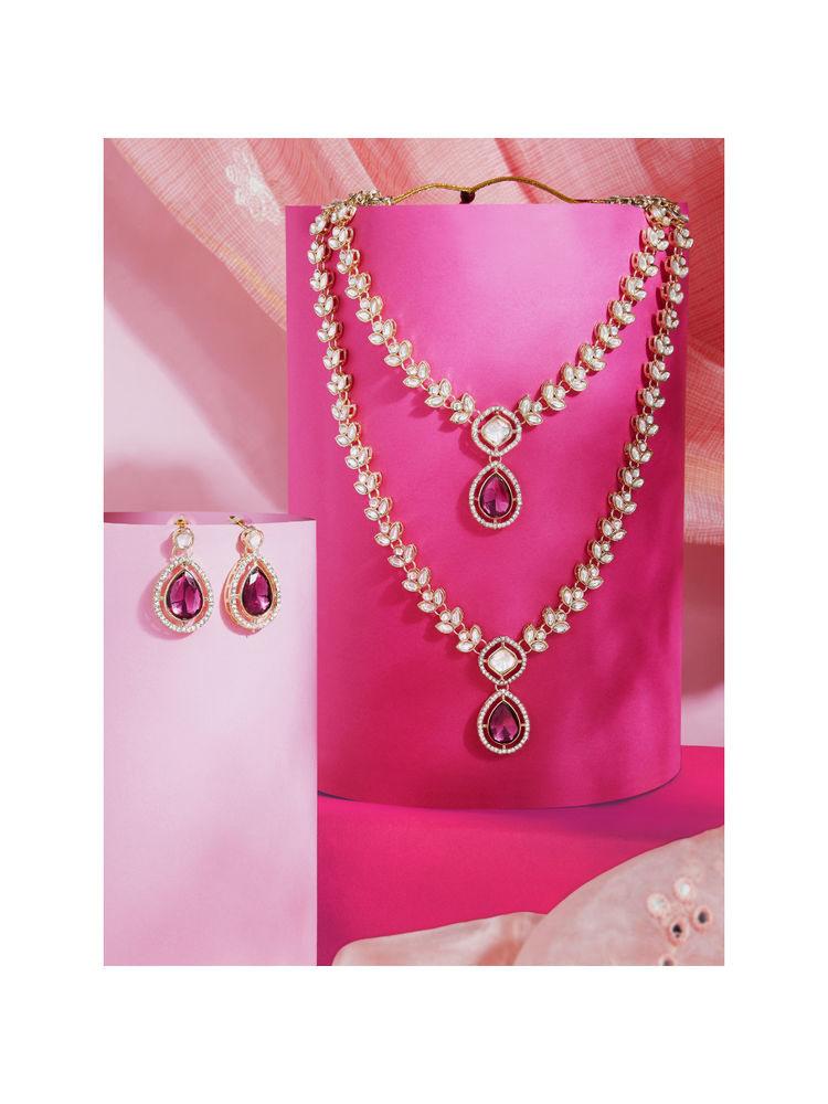 Zaveri Pearls Purple Stones Diamonds Layered Necklace and Earring (Set of 2)