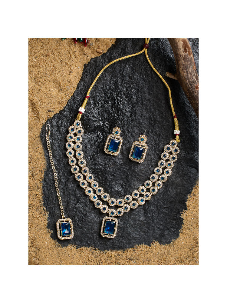 Zaveri Pearls Blue and White Stones Diamonds Layered Necklace Earring with Maangtikka (Set of 3)-image-37