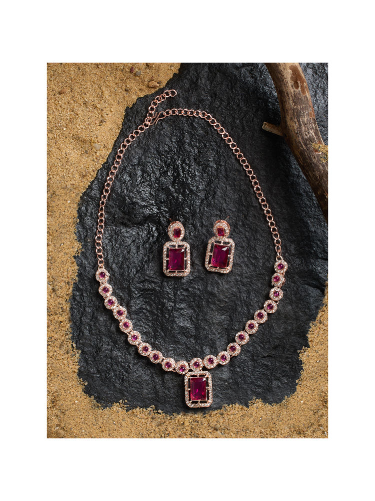 Zaveri Pearls Pink and White Stones Austrian Diamonds Minimal Necklace with Earring (Set of 2)-picture-23