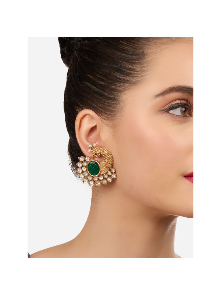 Zaveri Pearls Green Pink Stones Embellished Peacock Inspired Studs Earring-image-35