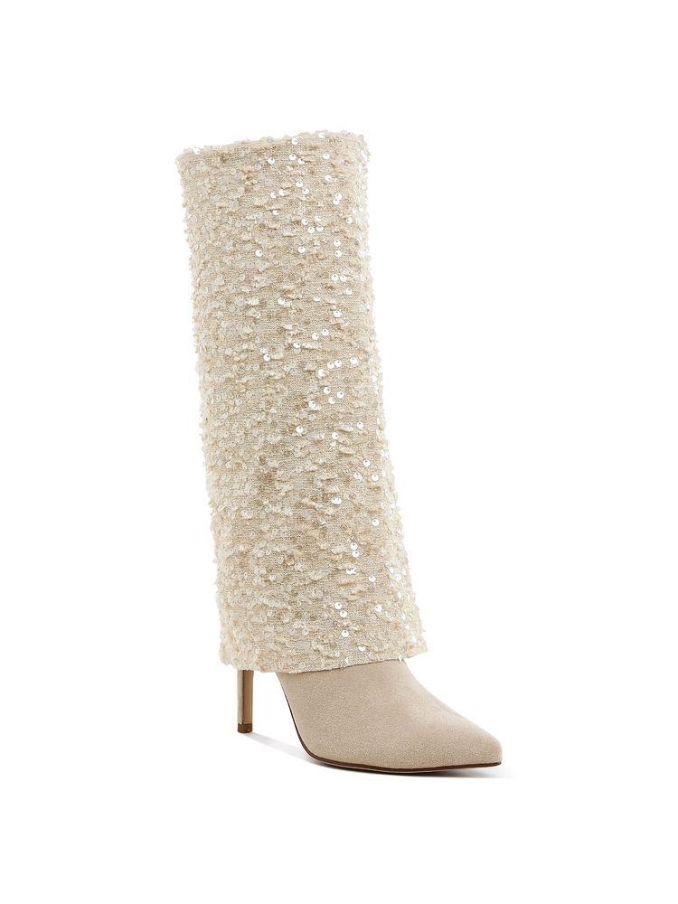 London Rag Sequinned Fold-Over Calf Beige Casual Boots-picture-23