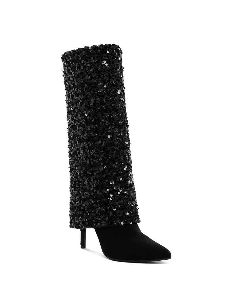 London Rag Sequinned Fold-Over Calf Black Casual Boots-image-6