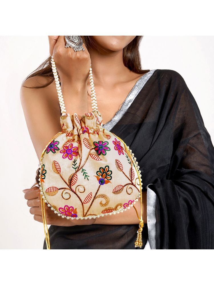 Teejh Gardenia Multicoloured Embroidered Potli Bag-image-7