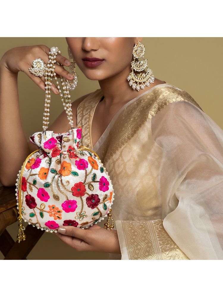 Teejh Glittering Garden Pink and Orange Embroidered Potli Bag-picture-14