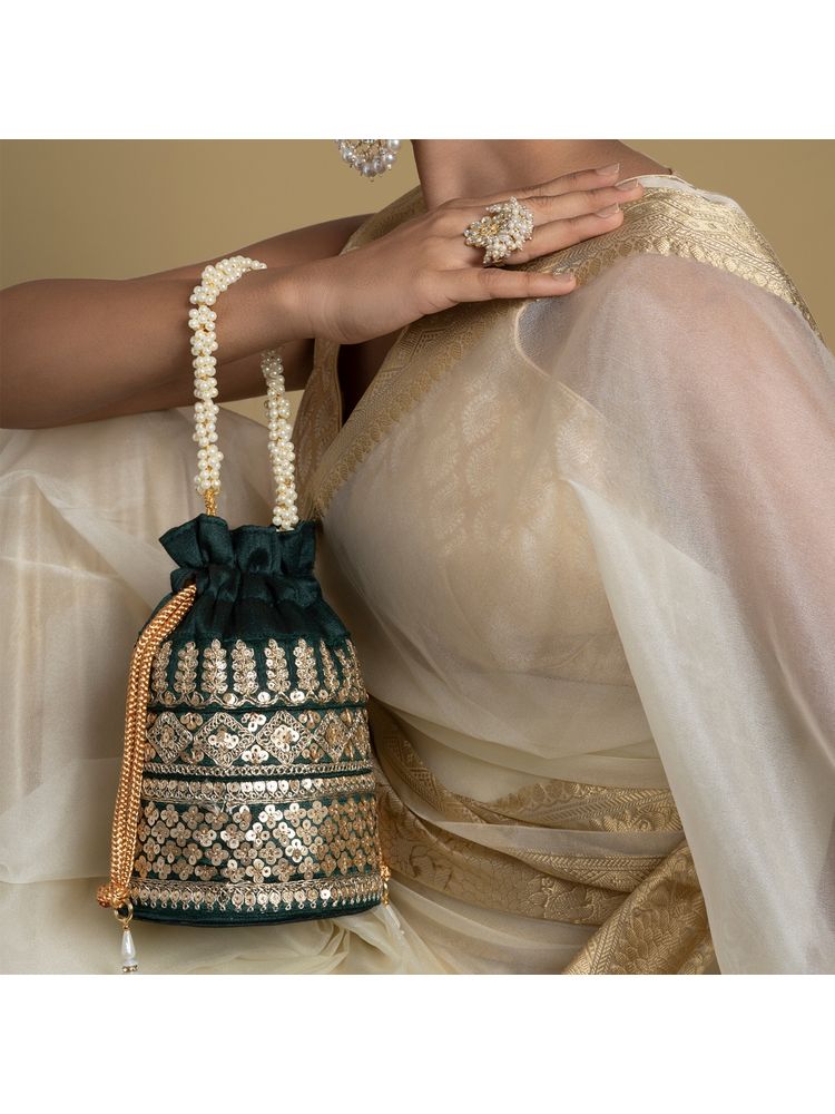 Teejh Royal Affair Bottle Green Embroidered Potli Bag-picture-20