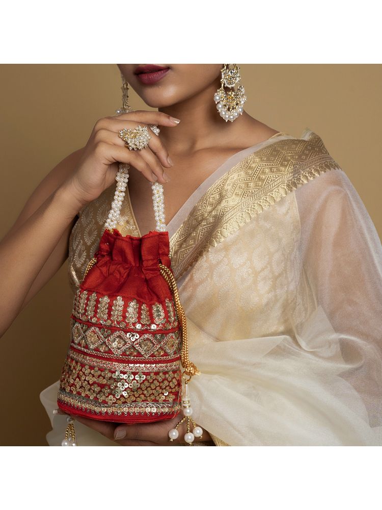 Teejh Royal Affair Flaming Red Embroidered Potli Bag-picture-15