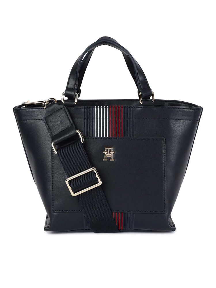 Tommy Hilfiger Navy Blue Pu Solid Handbag with Detachable Strap-image-6