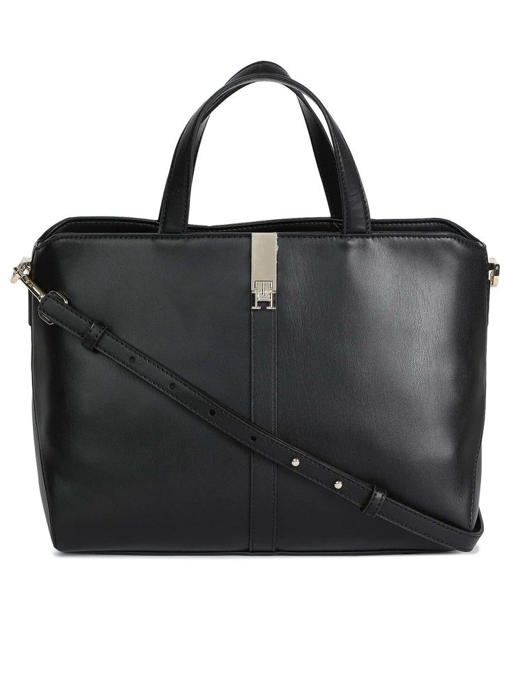 Tommy Hilfiger Black Pu Solid Handbag with Detachable Strap-image-32