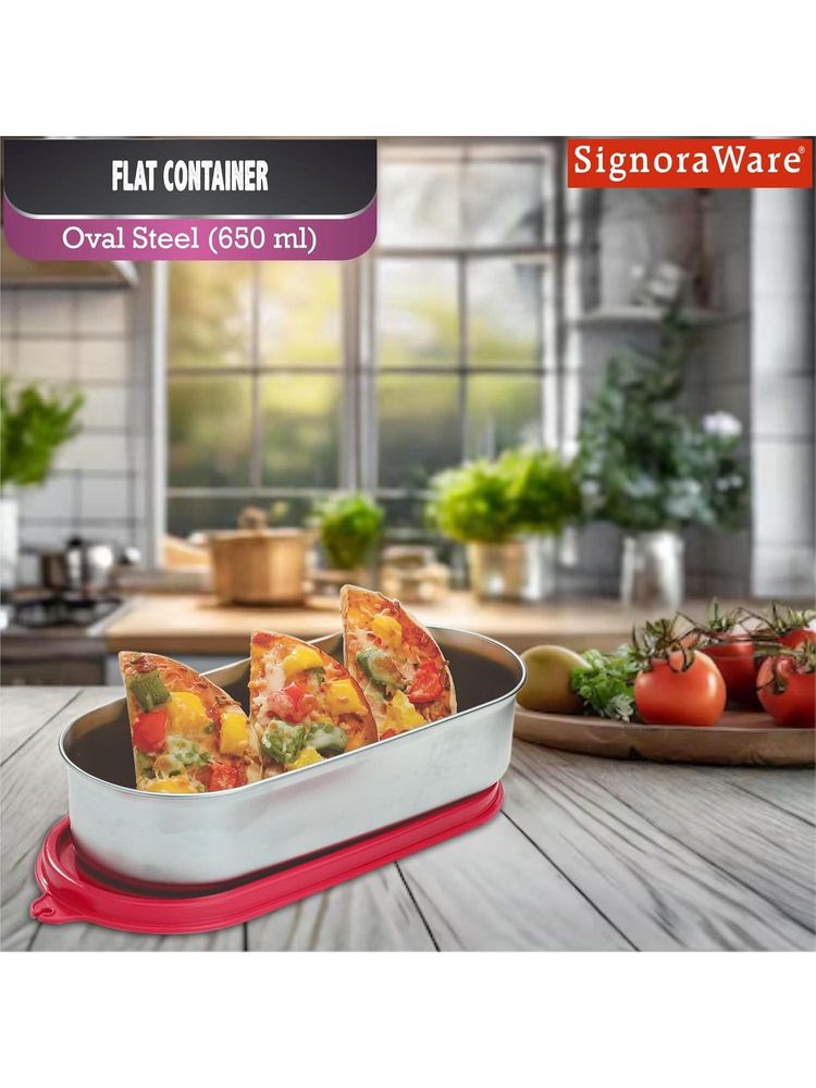 Signoraware Flat Stainless Steel Oval Container - 650Ml - Red-image-14