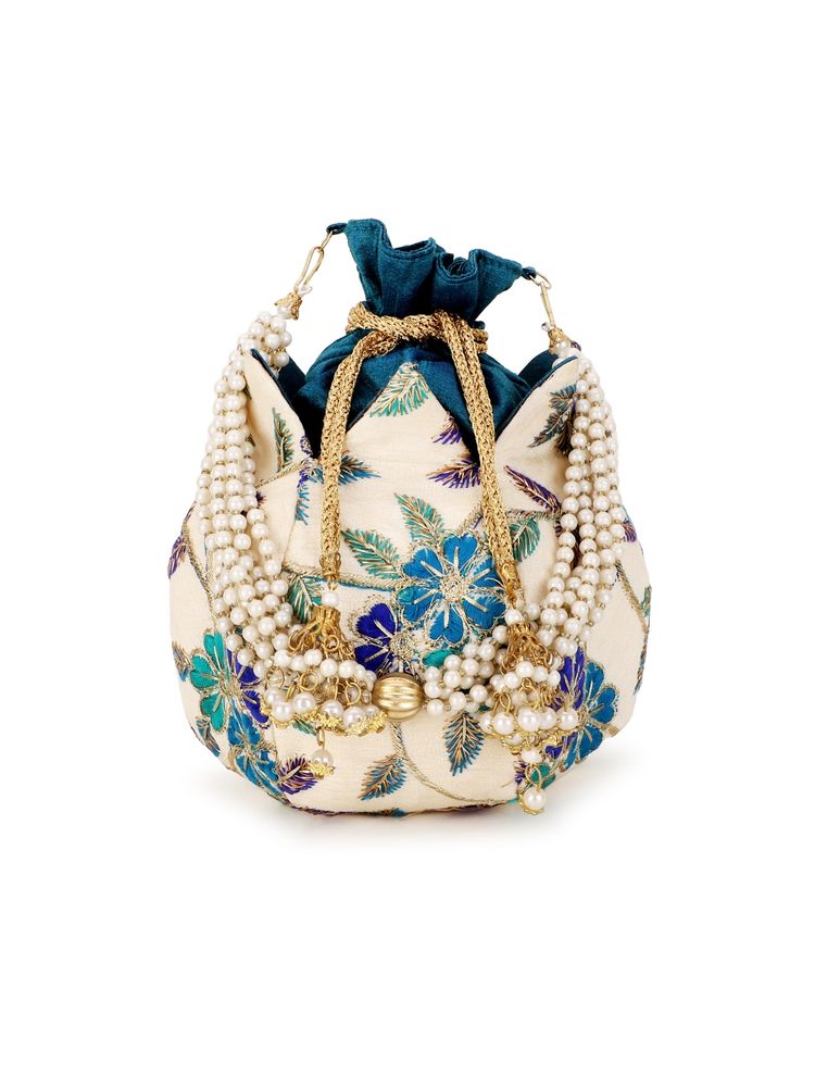 Anekaant Lotus Cream and Turquoise Blue Floral Embroidered Faux Silk Potli-image-47