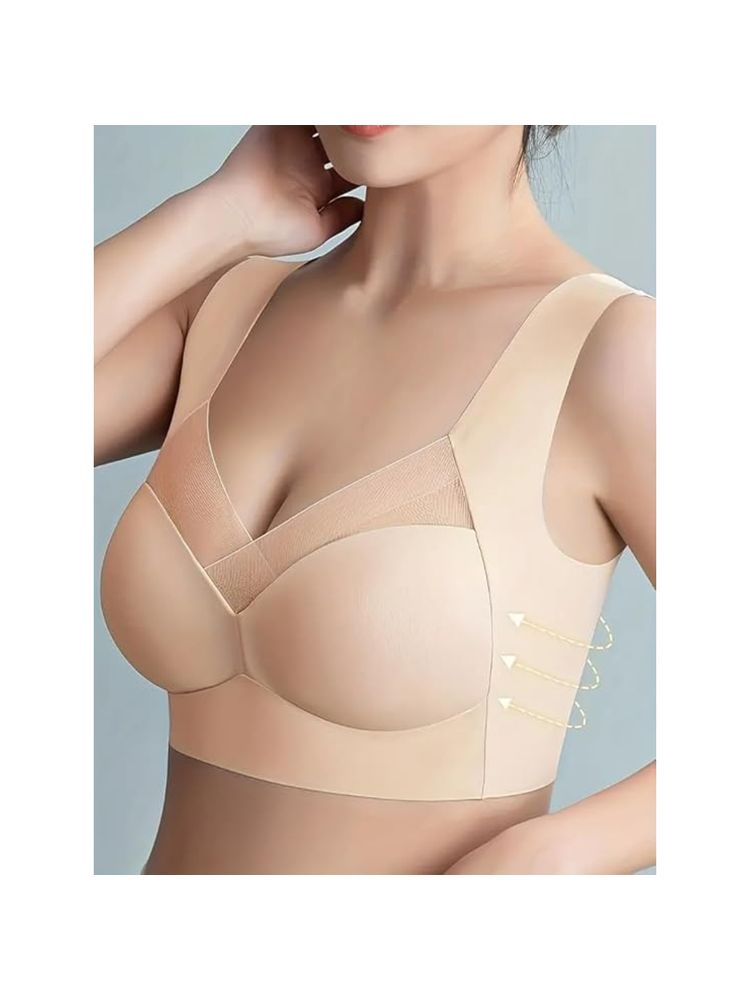 BRACHY Beige Full Coverage Bras for Women Comfy No Underwire Plus Size High Impact V-Neck-picture-20