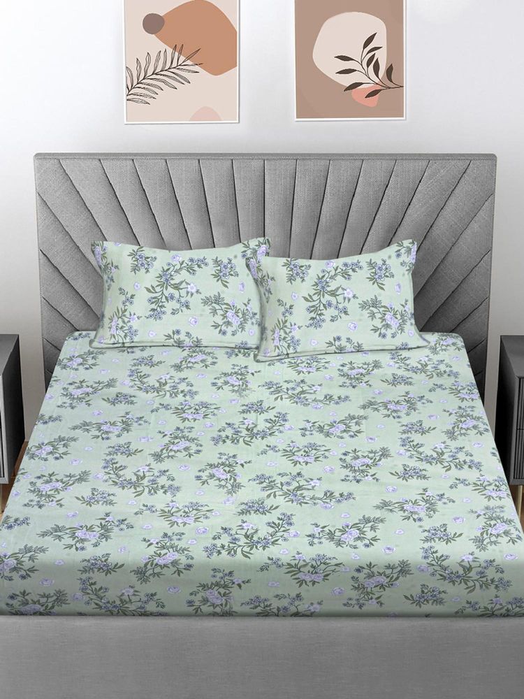 FABINALIV Green Floral Cotton Blend Bedsheet with 2 Pillow Covers (Super King)-image-22