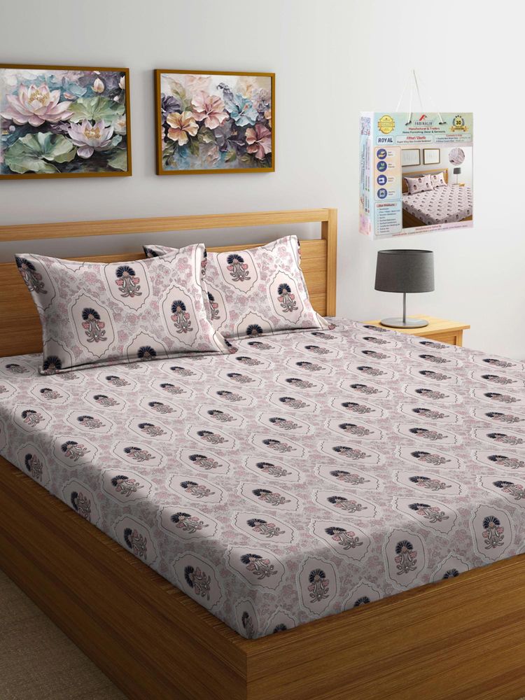 FABINALIV Multi-Color Floral Fitted Bedsheet with 2 Pillow Covers (Super King)-image-40