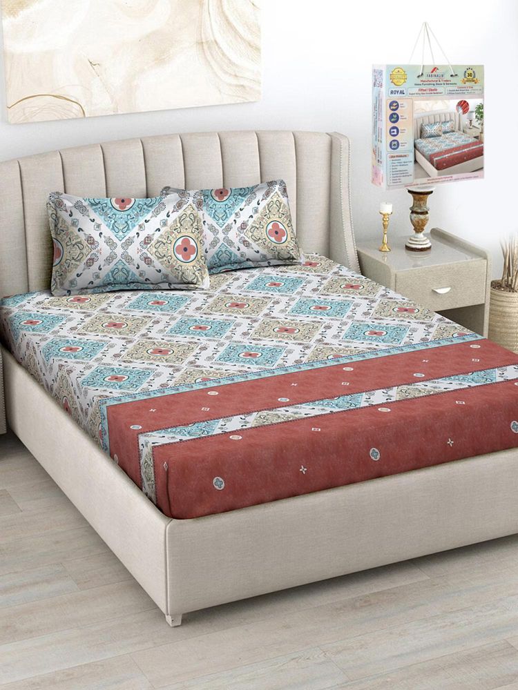 FABINALIV Multi-Color Fitted Bedsheet with 2 Pillow Covers (Super King)-image-13
