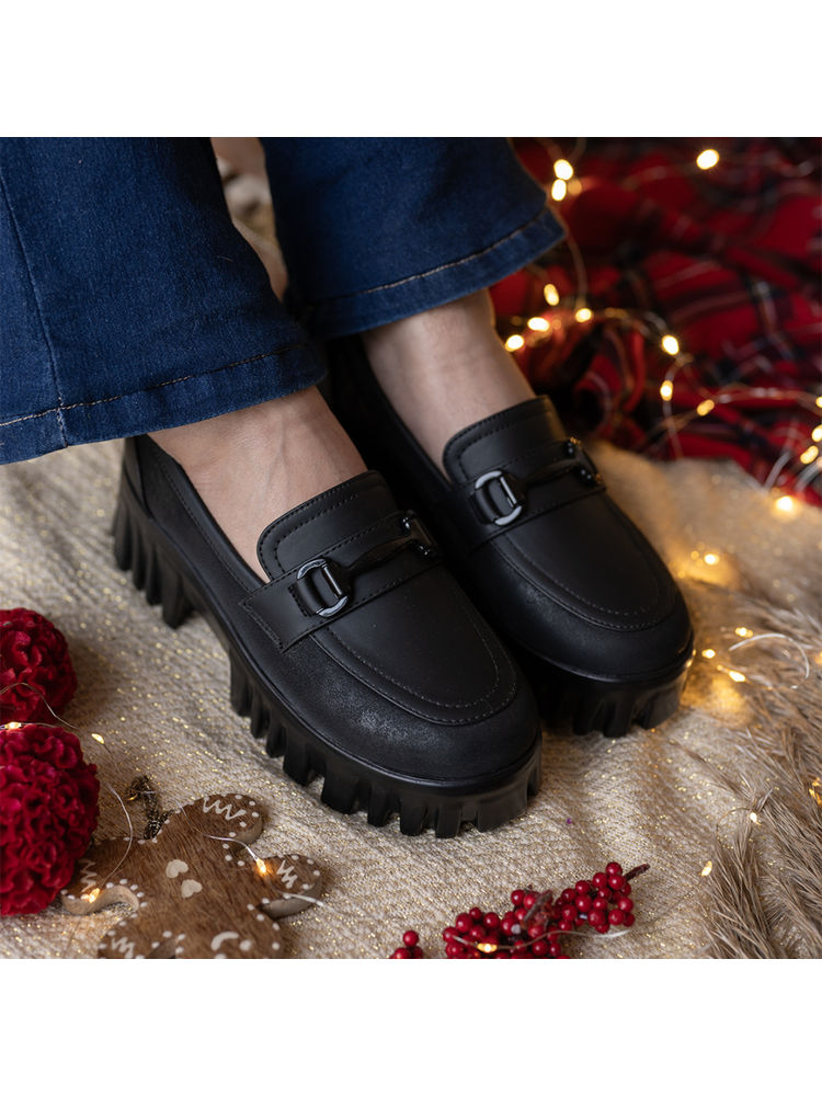 Coral Haze Vegan Leather Womem Platform Loafers Black-image-24