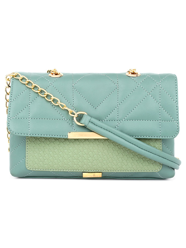 Yelloe Multi Compartment Color Blocked Handbag In Green-image-12