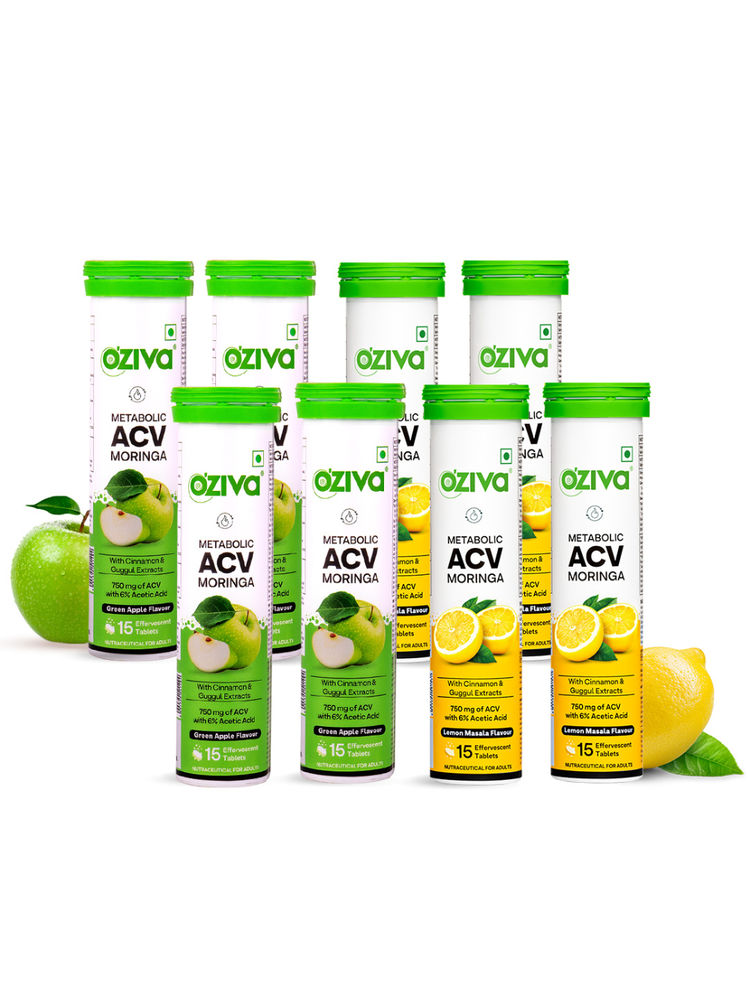 OZiva ACV Moringa To Control Cravings, Apple Cider Vinegar, (Green Apple & Lemon Masala) Pack of 8
