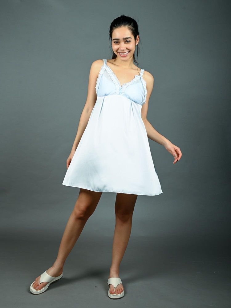 Odette Sky Blue Satin Solid with Lace Work Nightdress for Women-picture-15