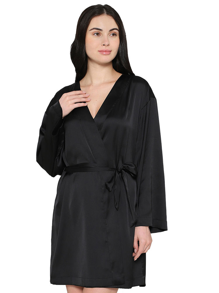 Wacoal Womens Long Sleeve Shiny Finish Bridal Wear Satin Robe with Belt-Black-image-3