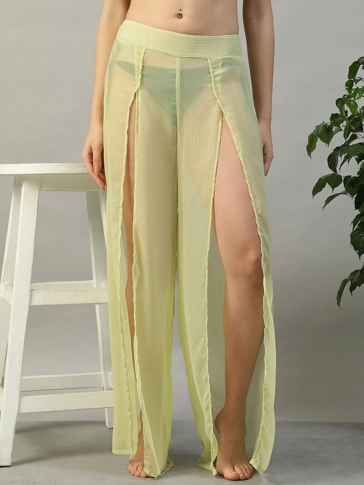 Oxolloxo Women Solid Yellow Chiffon Beach Pants with Elastic Waist and Front Slit-image-7