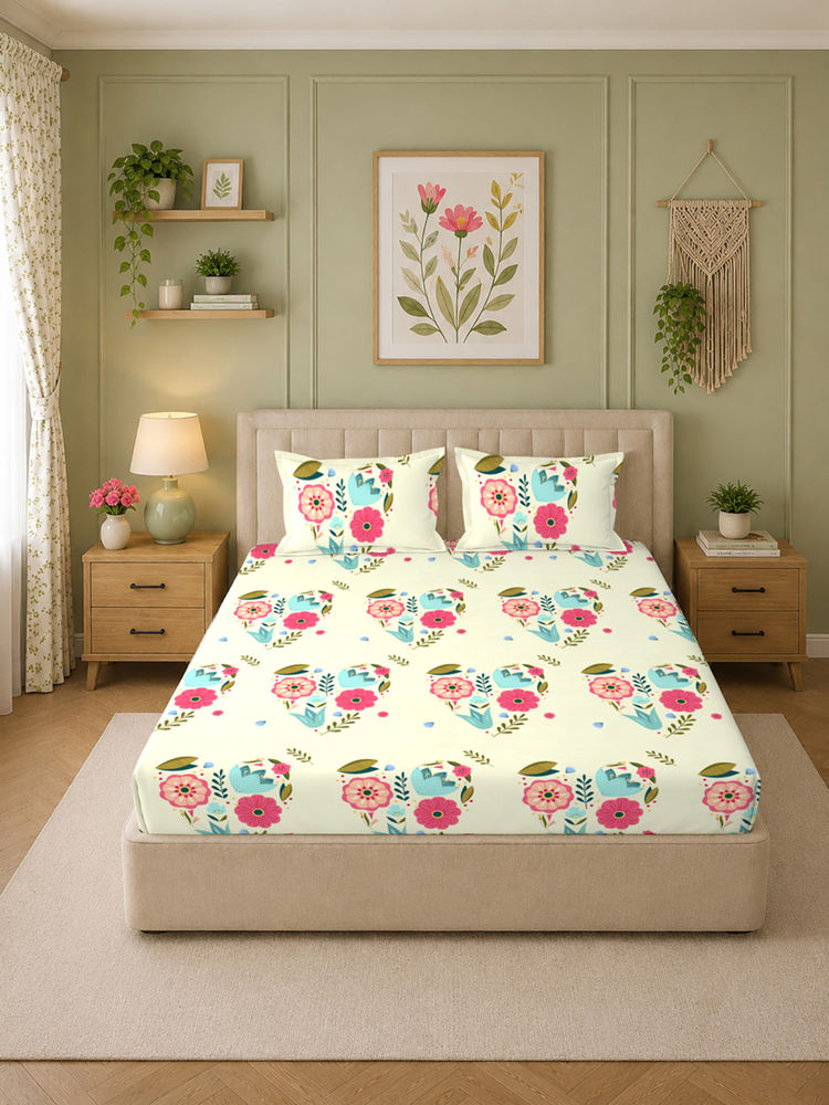 MORADO Premium Glace Cotton Off White Fitted Bedsheet with 2 Pillow Covers (Double)-image-6