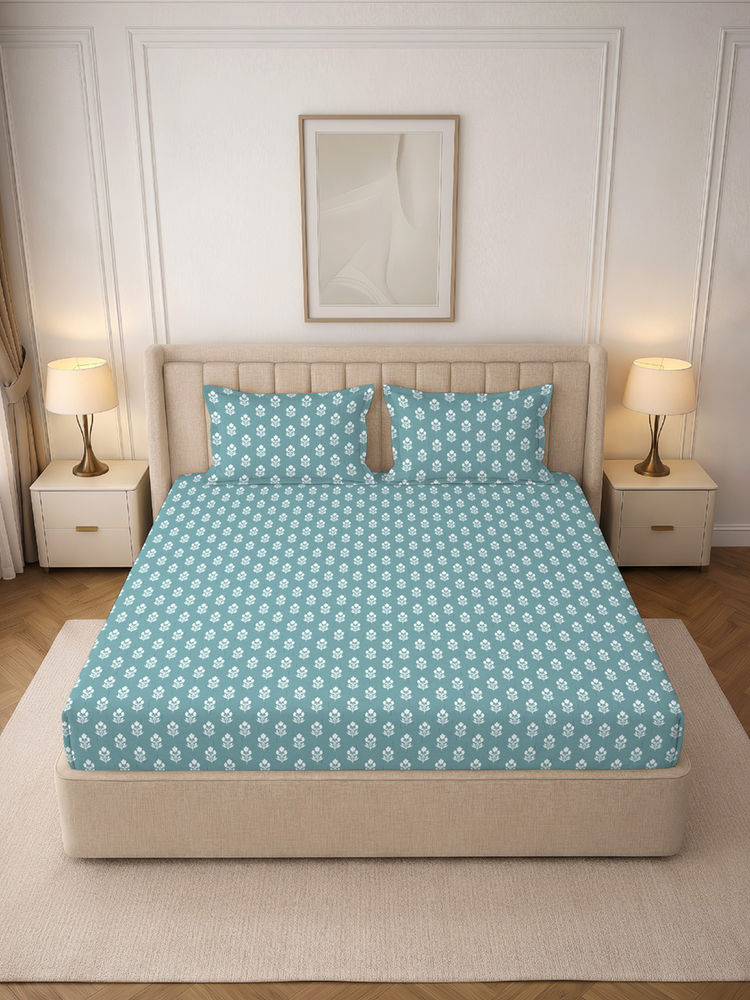 MORADO Premium Glace Cotton Blue Fitted Bedsheet with 2 Pillow Covers (Double)-picture-47