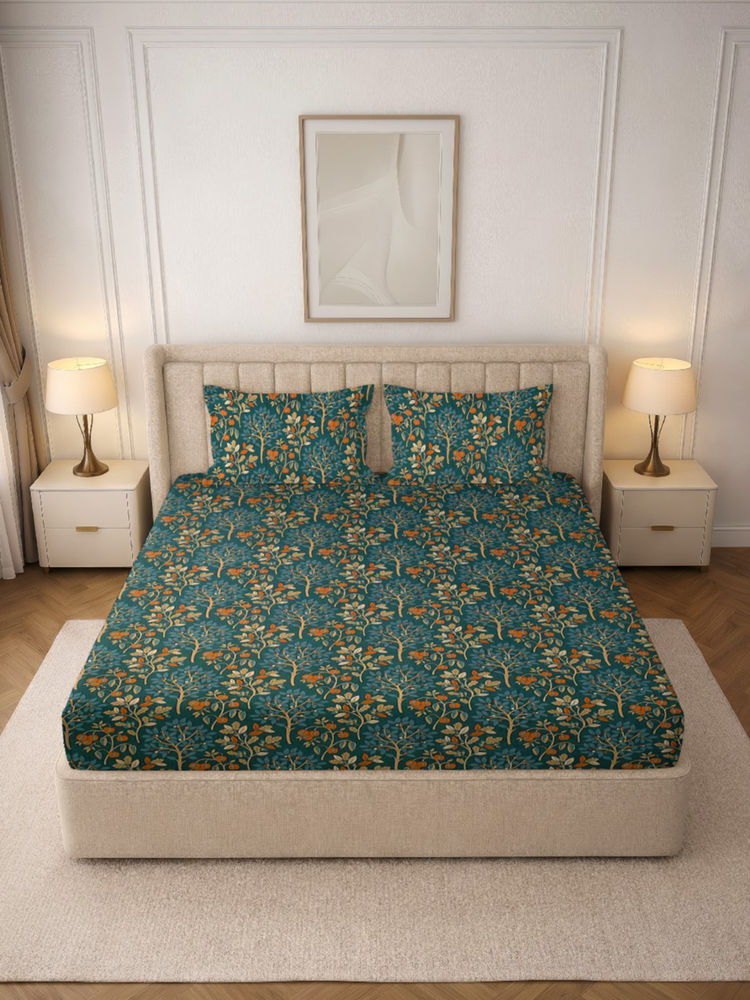 MORADO Premium Glace Cotton Blue Fitted Bedsheet with 2 Pillow Covers (Double)-picture-15