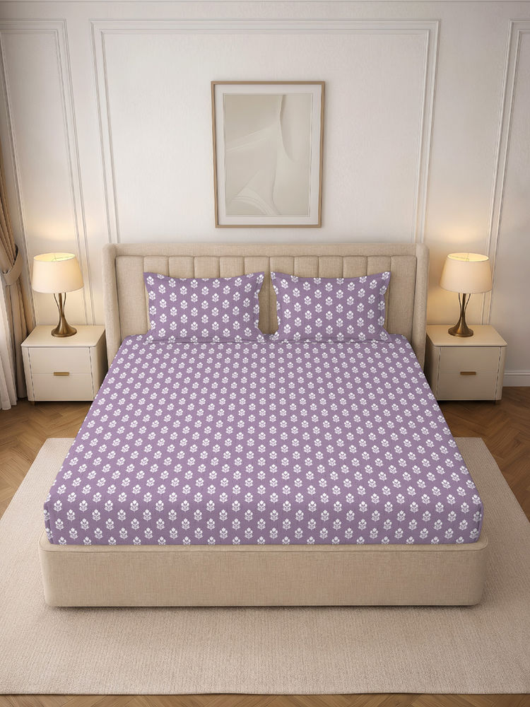 MORADO Premium Glace Cotton Purple Fitted Bedsheet with 2 Pillow Covers (Double)-image-17