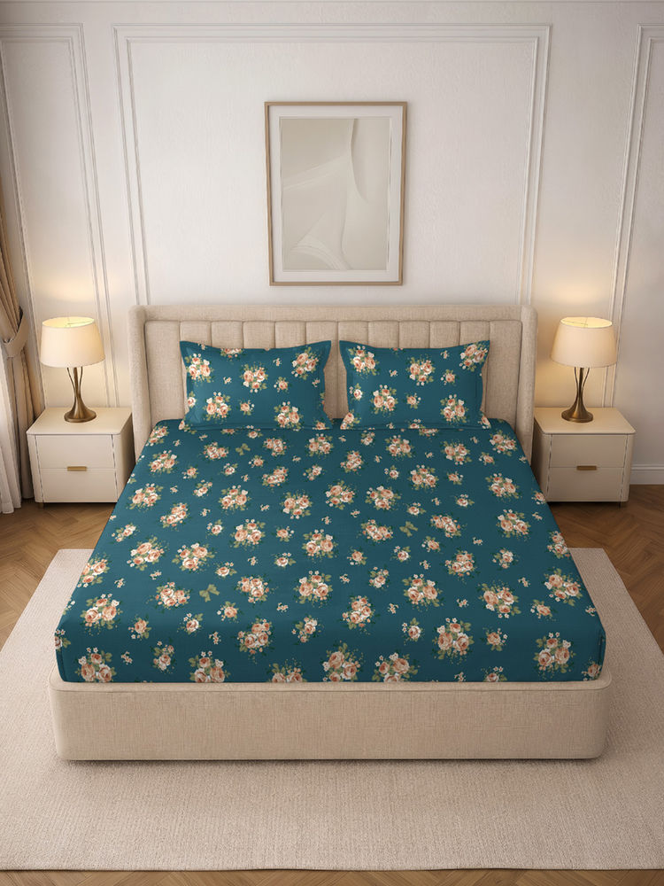 MORADO Premium Glace Cotton Teal Fitted Bedsheet with 2 Pillow Covers (Double)-picture-29