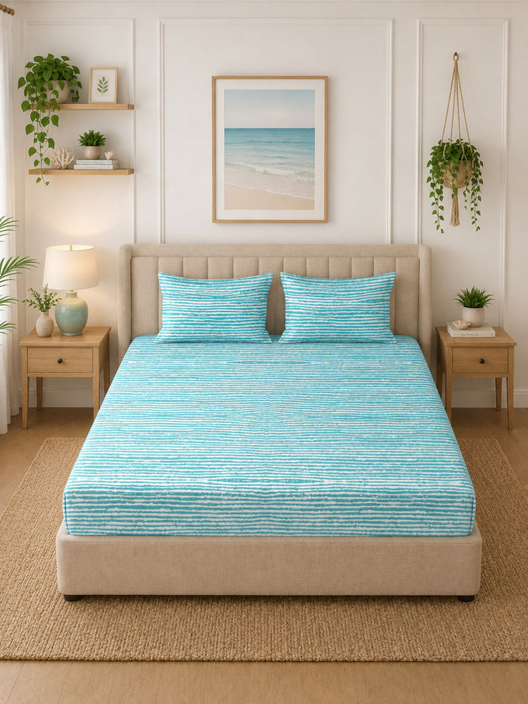 MORADO Premium Glace Cotton Blue Fitted Bedsheet with 2 Pillow Covers (Double)-picture-31