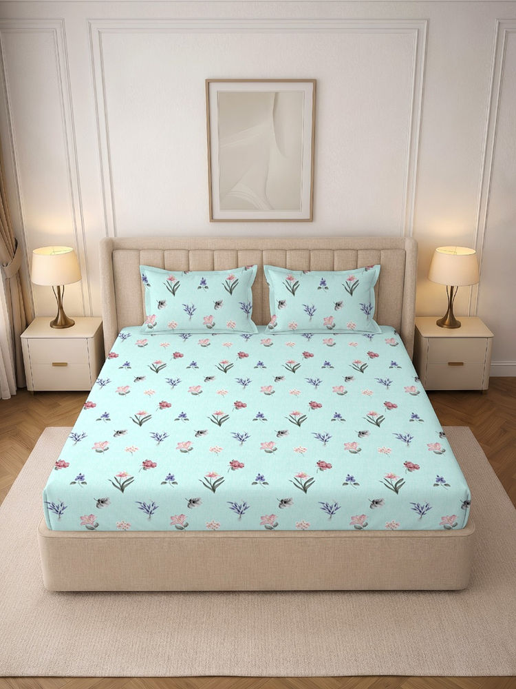 MORADO Premium Glace Cotton Blue Fitted Bedsheet with 2 Pillow Covers (Double)-picture-22