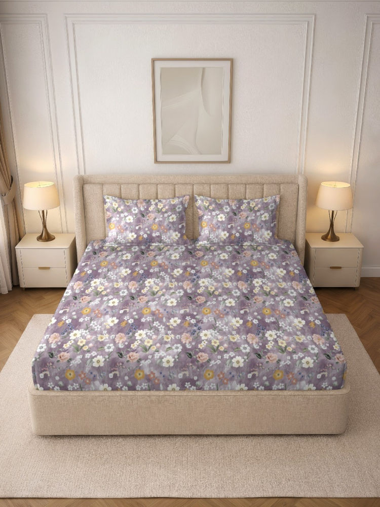MORADO Premium Glace Cotton Purple Fitted Bedsheet with 2 Pillow Covers (Double)-picture-33