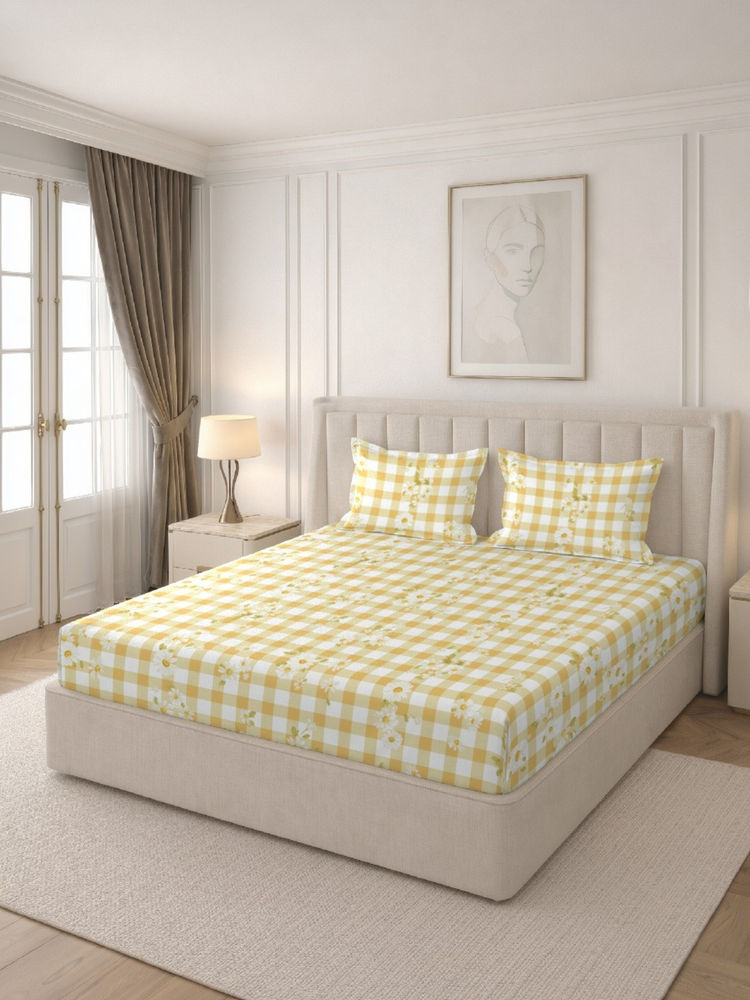 MORADO Premium Glace Cotton Yellow Fitted Bedsheet with 2 Pillow Covers (Double)-picture-45