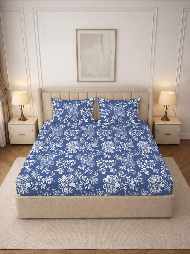 MORADO Premium Glace Cotton Blue Flat Bedsheet with 2 Pillow Covers (Double)-picture-16