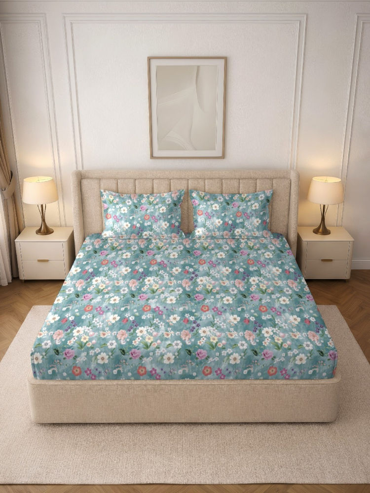 MORADO Premium Glace Cotton Blue Flat Bedsheet with 2 Pillow Covers (Double)-picture-14