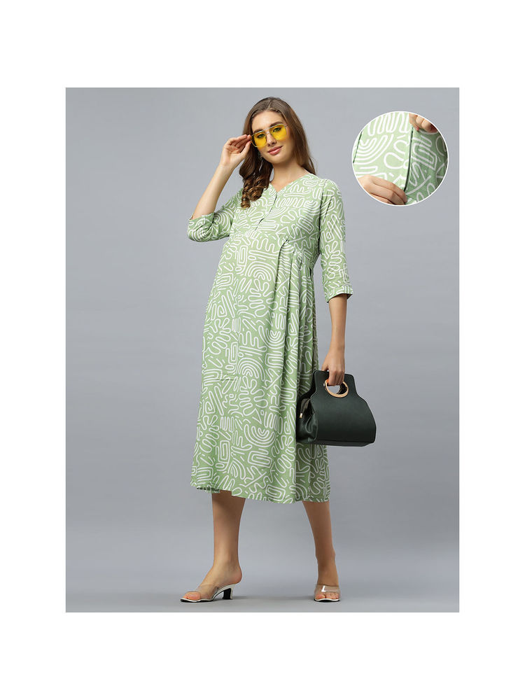 Mamma's Maternity Green Cotton V-Neck Strips Printed Pregnancy/Feeding Short Dress-image-32