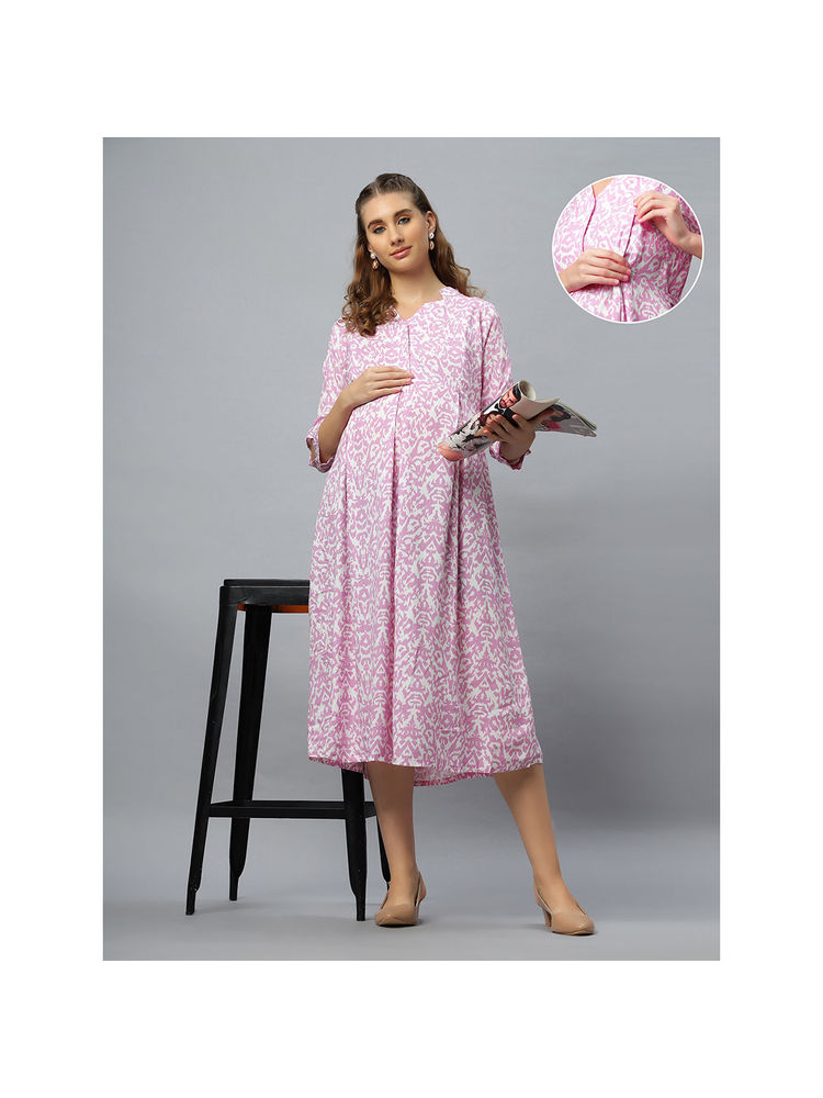 Mamma's Maternity Light Purple Cotton Printed Pregnancy/Feeding Short Dress-picture-24