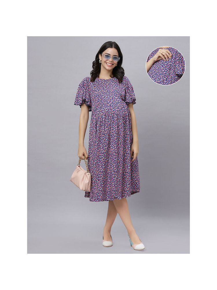 Mamma's Maternity Royal Blue Rayon Floral Printed Pregnancy/Feeding Short Dress-picture-26