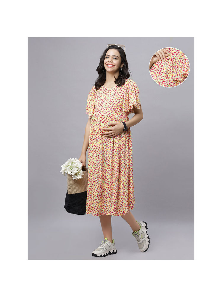 Mamma's Maternity Yellow Rayon Floral Printed Pregnancy/Feeding Short Dress-picture-11