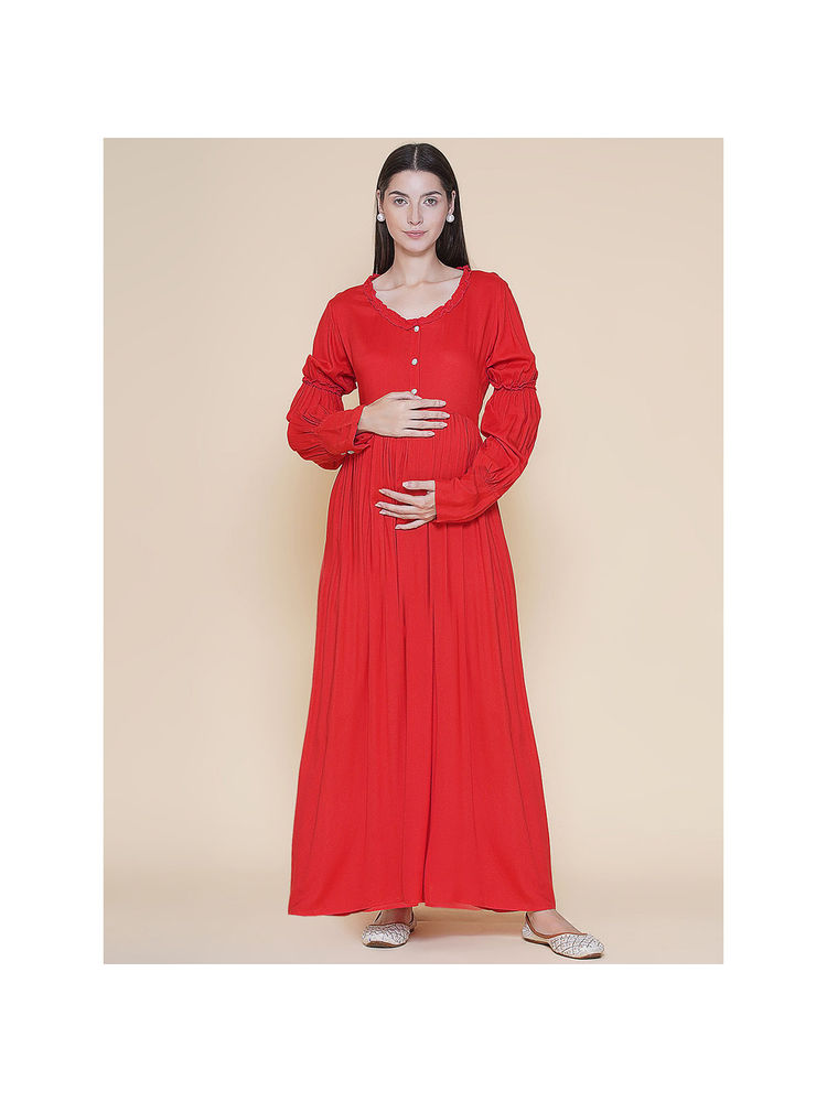 Mine4Nine Solid Red Maternity Maxi Baby shower Dress with Gathered Sleeves-image-7