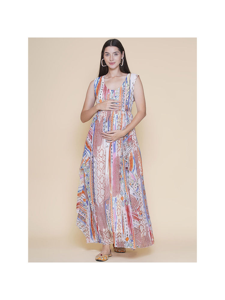 Mine4Nine Printed Sleeveless Maternity Baby shower Maxi Dress with Ethnic Patterns-picture-14