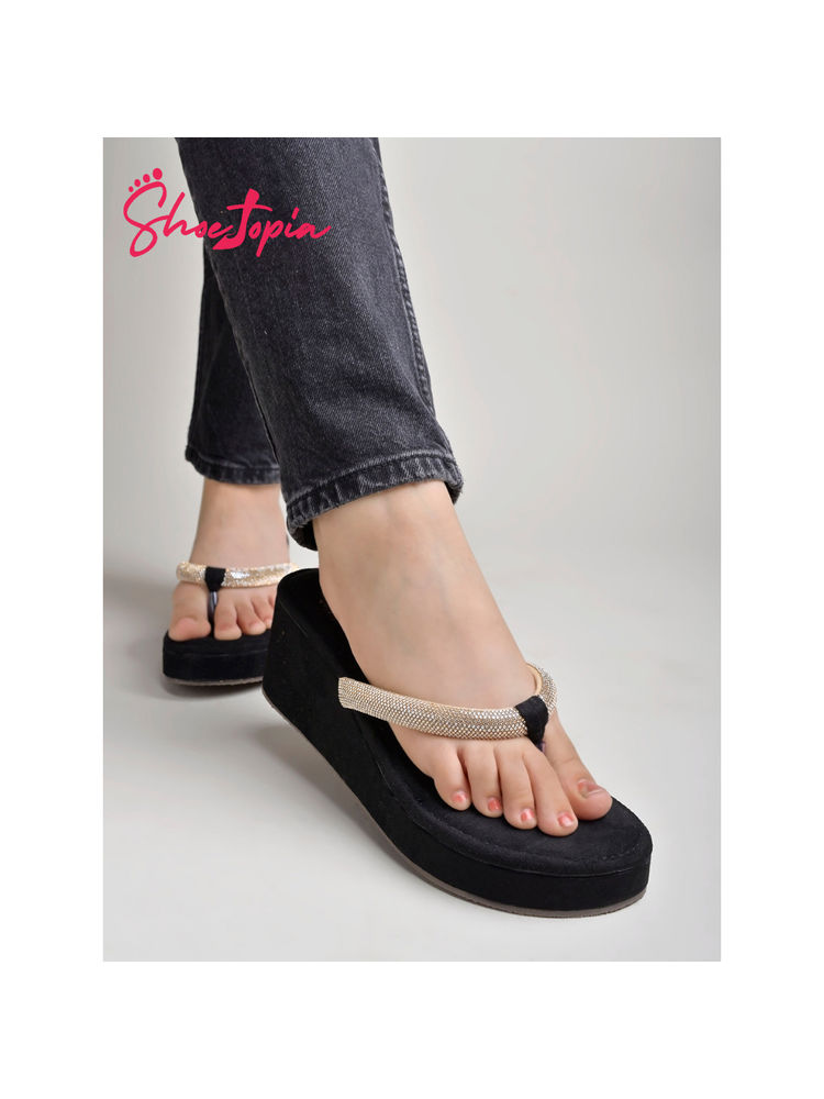 Shoetopia Rhinestones Strap Detailed Golden and Black Wedges For Women and Girls
