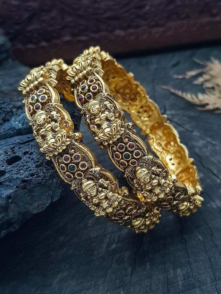 GRIIHAM Women Multi-Color Stone Gold Plated Antique Polish Bangles (Pack of 2)-image-32