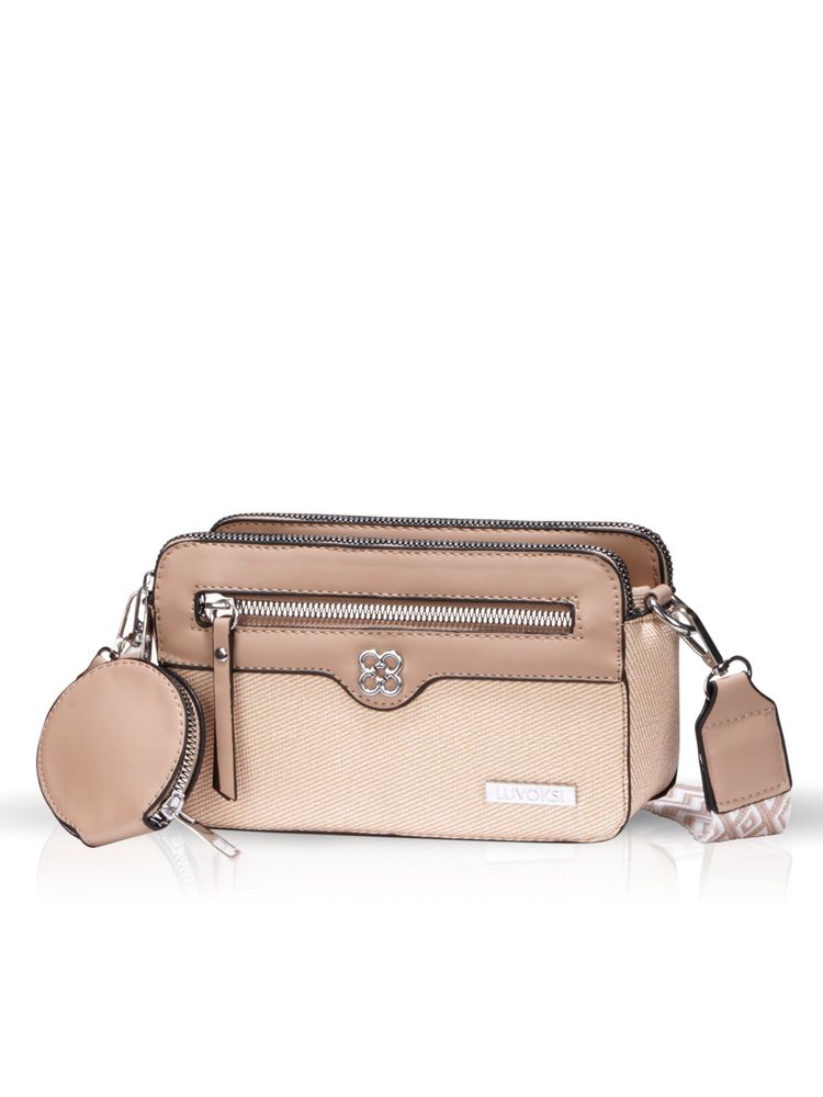 LUVOKSI Beige Citivia Textured Three-Compartment Crossbody Sling Bag-image-45