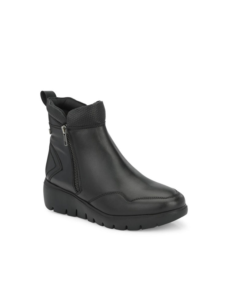Delize Womens Black Solid Ankle Boots With Embossed Collar-image-3