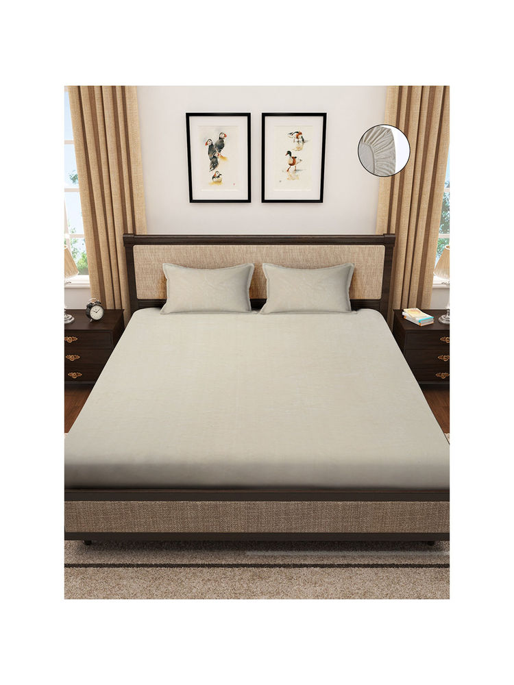 HOSTA HOMES 280 Tc Fitted Warm Bed Sheet with 2 Pillow Covers Cream (King)-picture-7