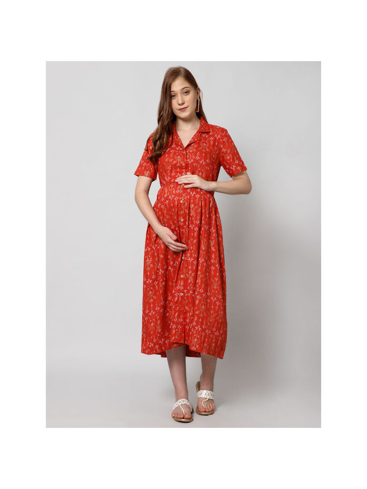Zelena Lapel Neck Red Zipless Feeding Dress with Pocket-image-4