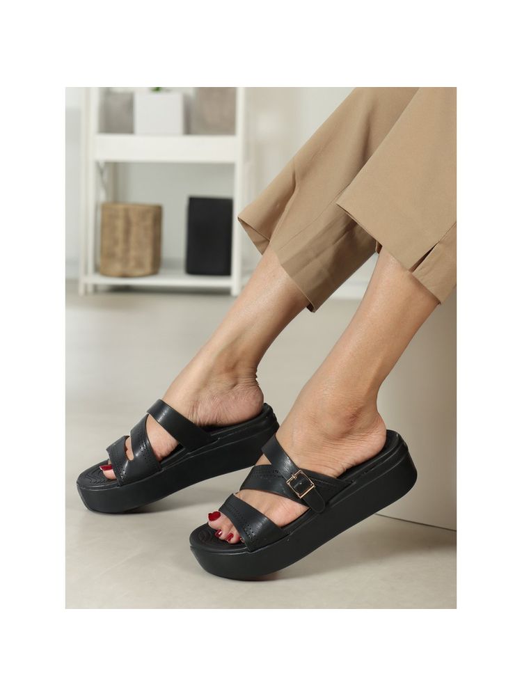 Elle Black Slip On Laser Cut Comfortable Sandal-picture-14