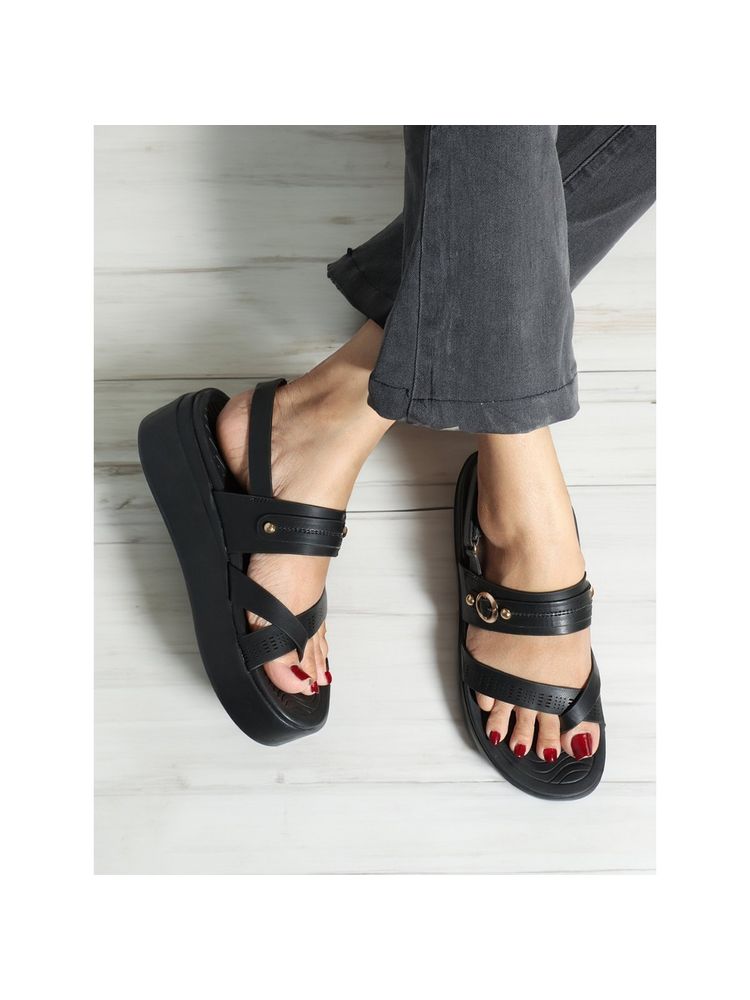 Elle Black Velcro Laser Cut Comfortable Sandal-image-13