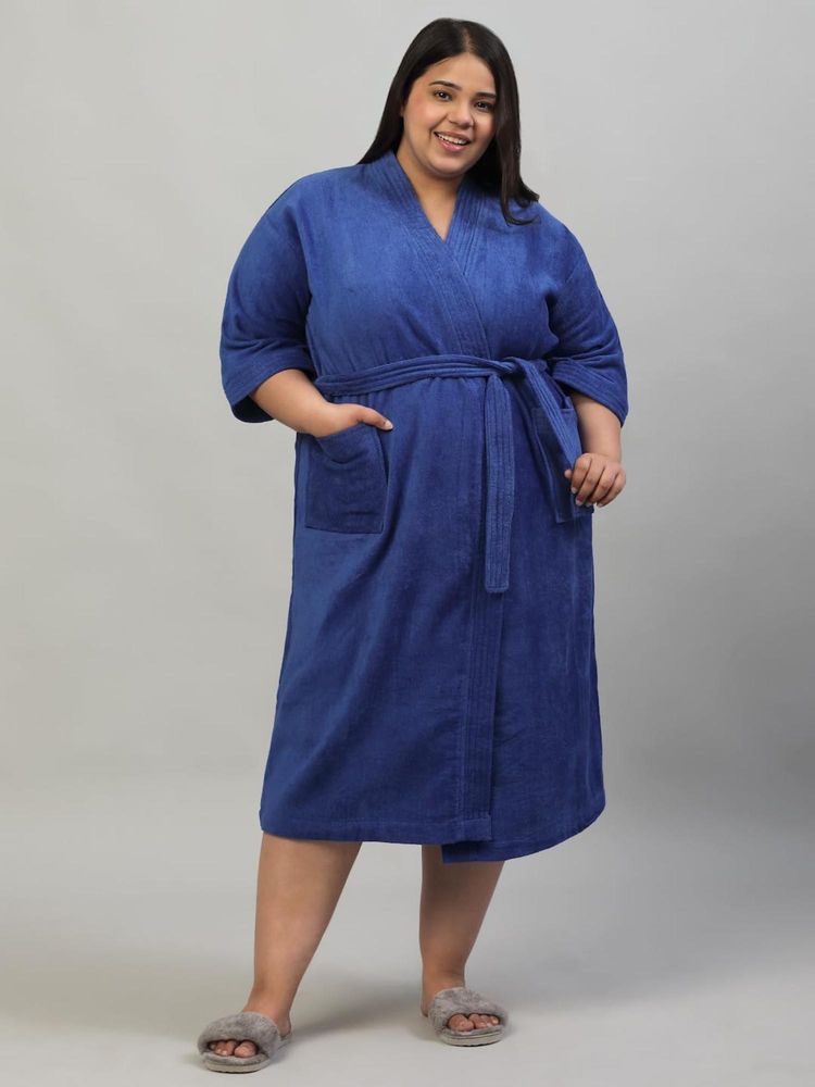 Creeva Unisex Royal Blue Kimono Collar Plus Size Luxury Cotton Bathrobe-picture-30
